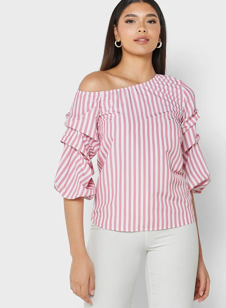 One Shoulder Ruffle Detail Puff Sleeve Top