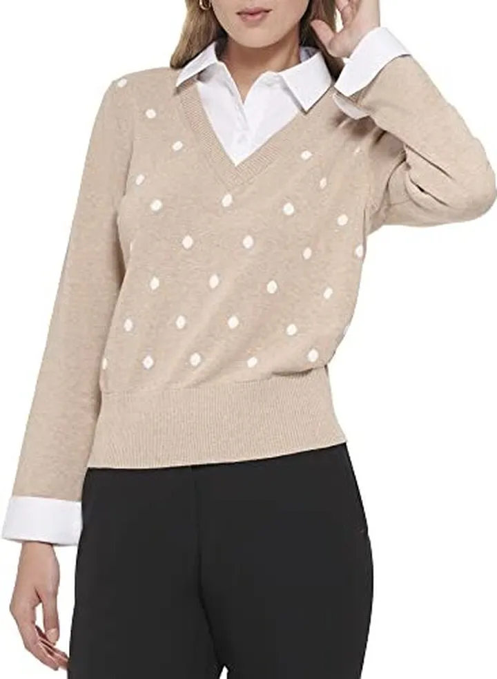 Tommy Hilfiger Women's Twofer Dot Woven Collar V-Neck Sweater