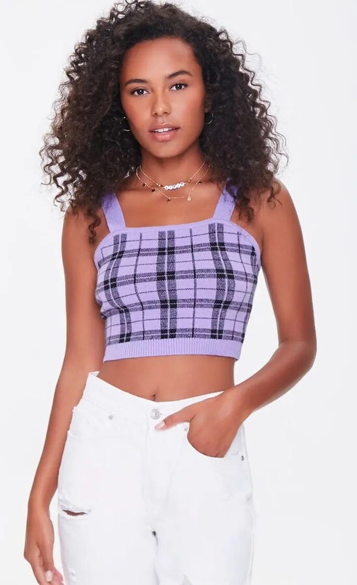 Sweater-Knit Plaid Cropped Cami