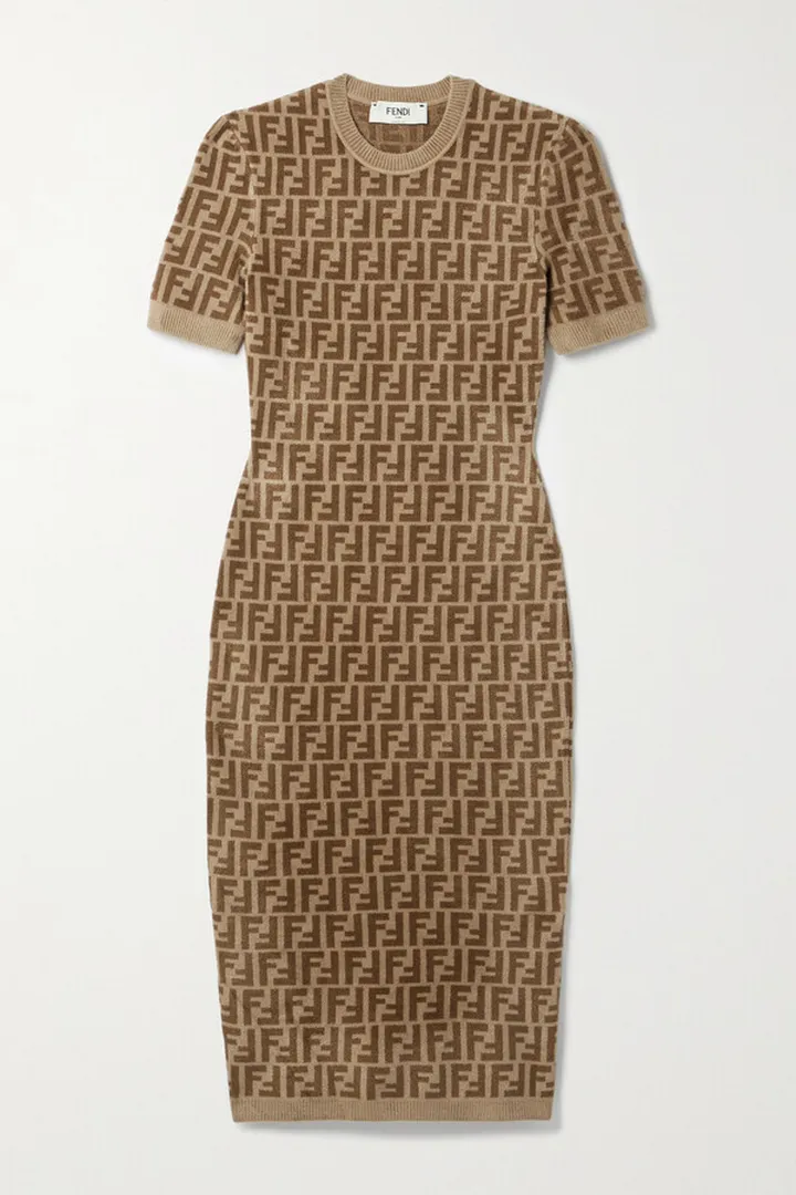 Fendi - Logo-jacquard Stretch-velvet Midi Dress - Brown
