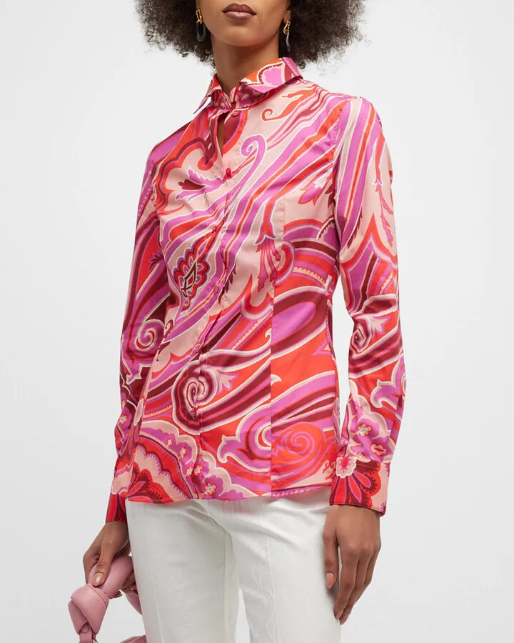 Paisley Wave Geo-Print Cotton Collared Shirt