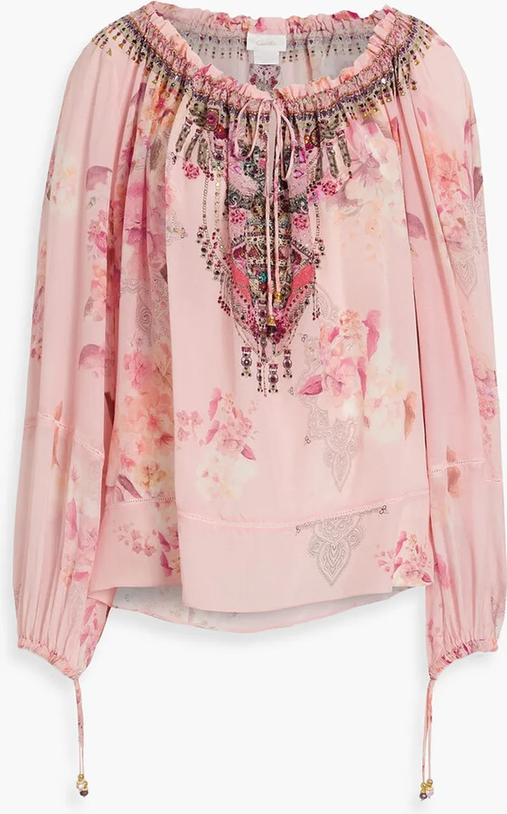 Crystal-embellished printed silk crepe de chine blouse