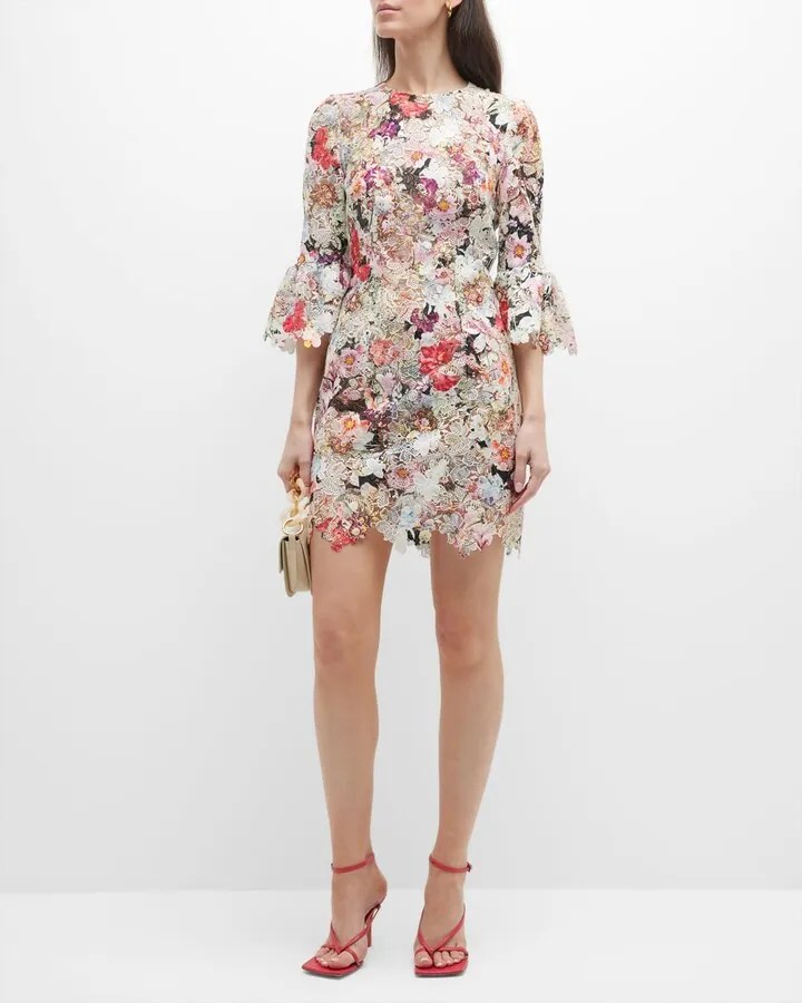Bell-Sleeve Floral Lace Mini Dress