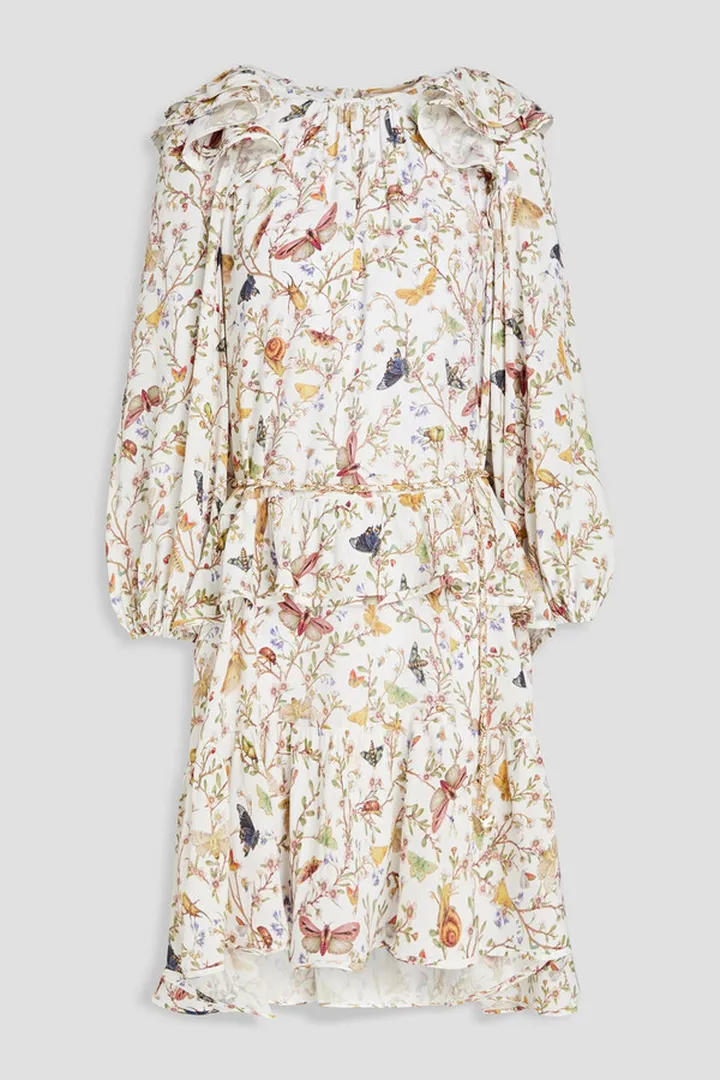 Ruffled printed crepe de chine mini dress