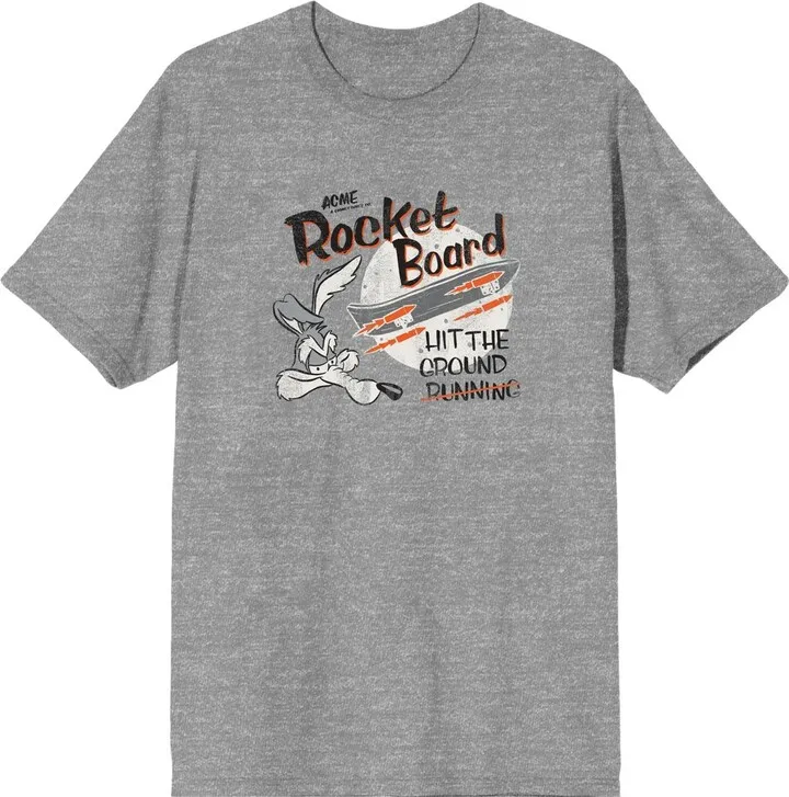 Looney Tunes Wile E. Coyote Rocket Board Men's Heather Grey Graphic Tee-XXL