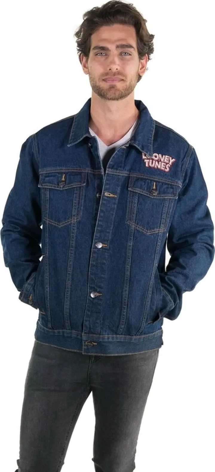 Members Only Men's Looney Tunes Denim Trucker Jacket-DARK INDIGO-Medium