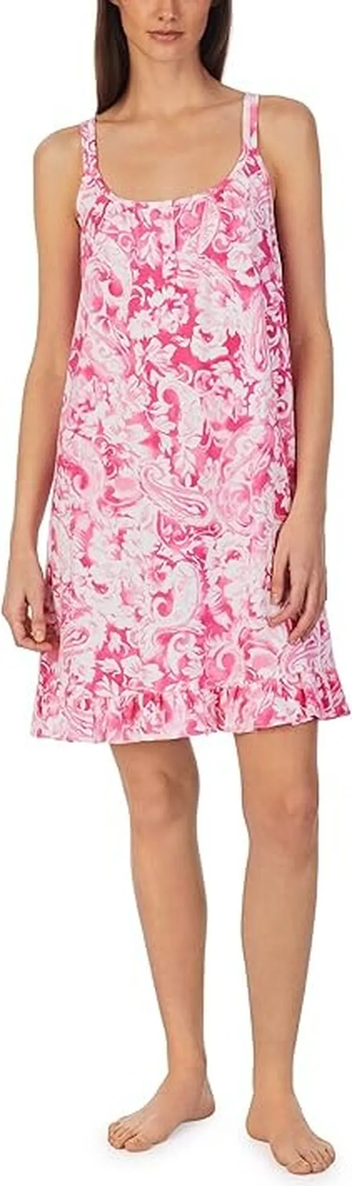 LAUREN Ralph Lauren Double Strap Ruffle Hem Gown (Pink Paisley) Women's Pajama