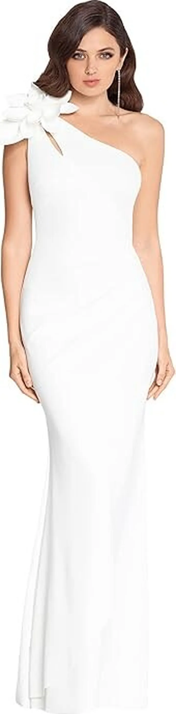 XSCAPE Long Scuba Ruched One-Shoulder Flower (Ivory) Women's Evening