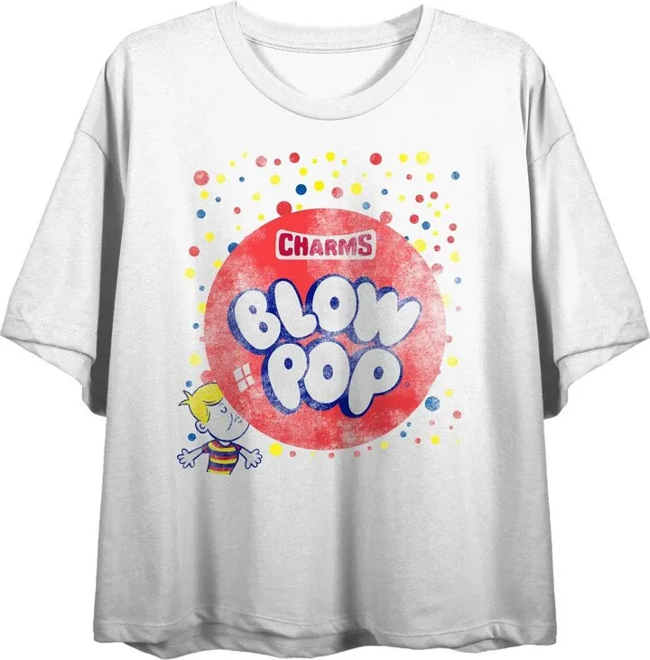 Blow Pop Dots Distressed Logo Women’s White Cropped Tee-XS