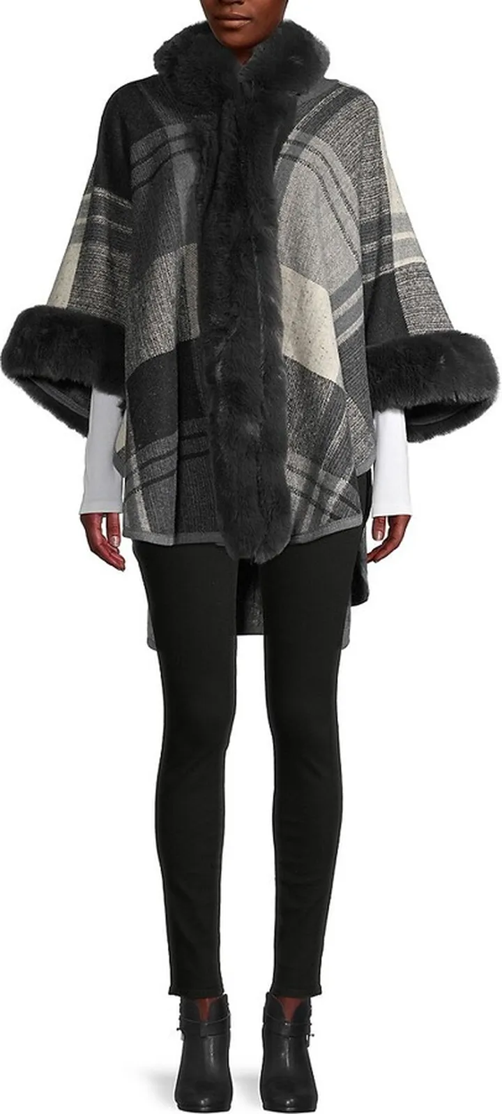 Faux Fur-Trim Hooded Plaid Cape