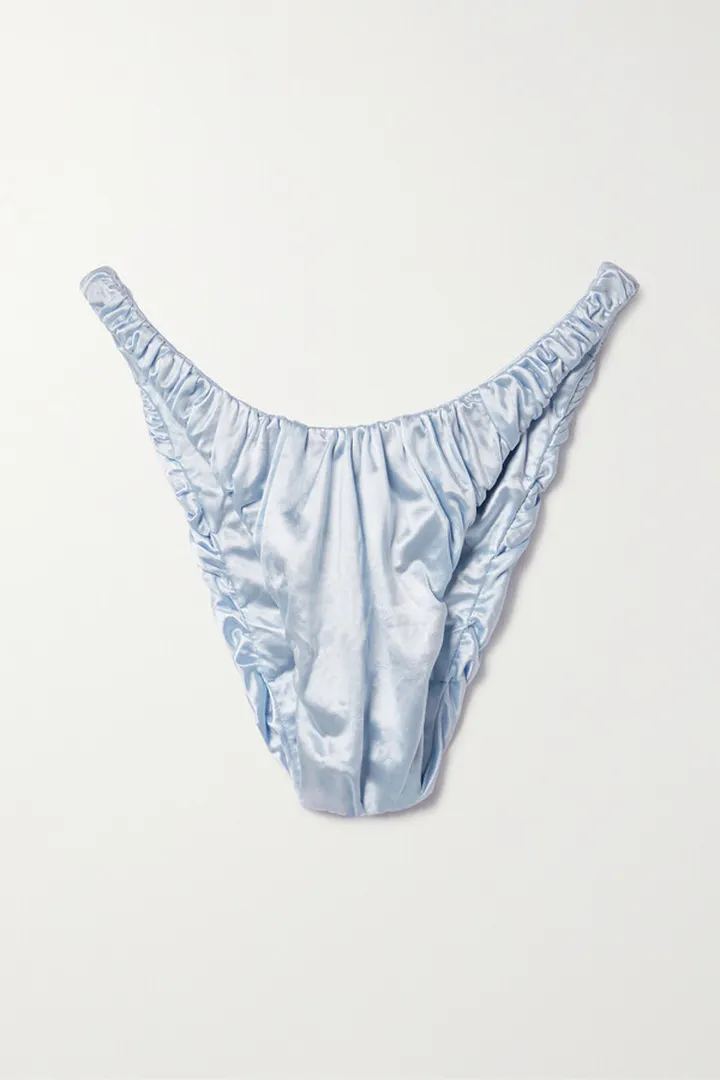 Isa Boulder - Jessie Ruched Metallic Stretch-satin Bikini Briefs - Blue
