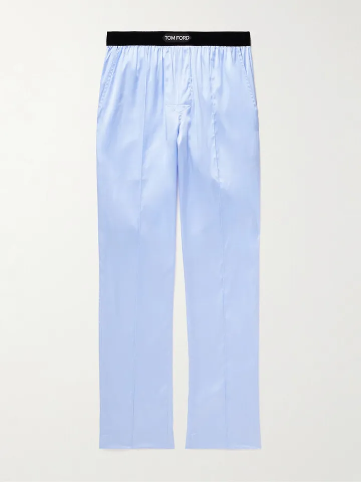 Velvet-Trimmed Stretch-Silk Satin Pyjama Trousers