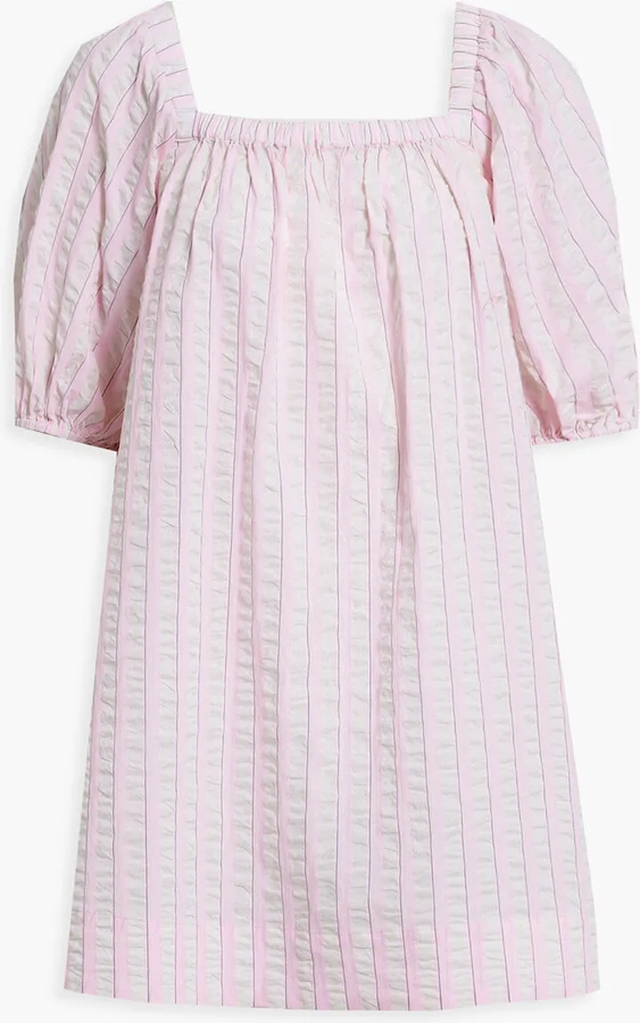 Gathered striped cotton-seersucker mini dress