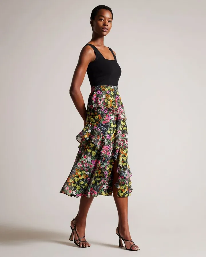 Knit Bodice Dress With Ruffle Skirt in Black