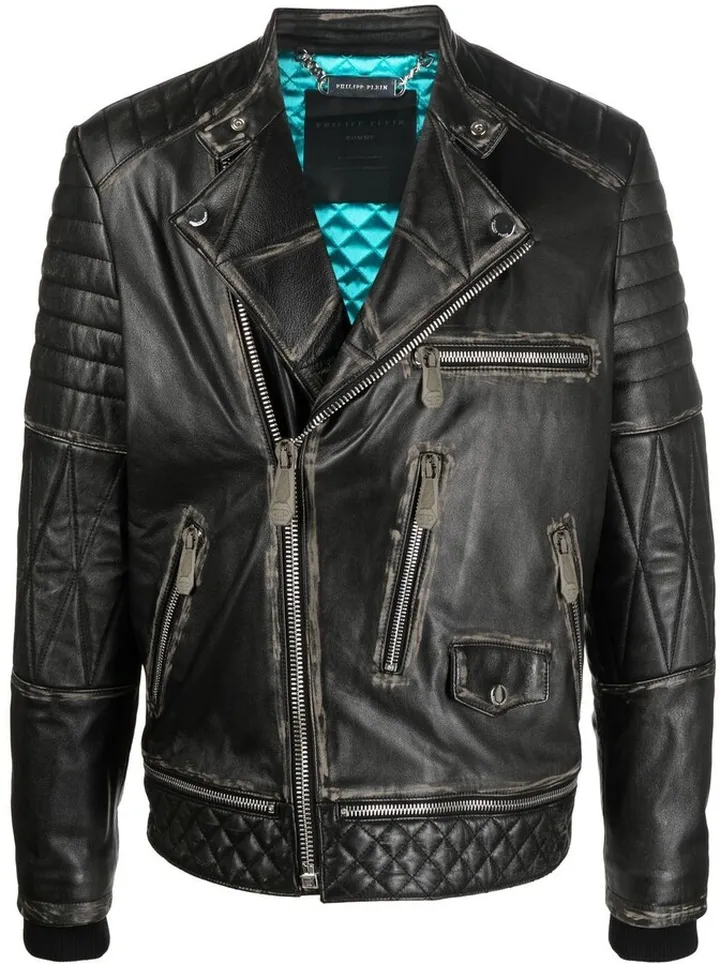 Logo-Plaque Leather Biker Jacket