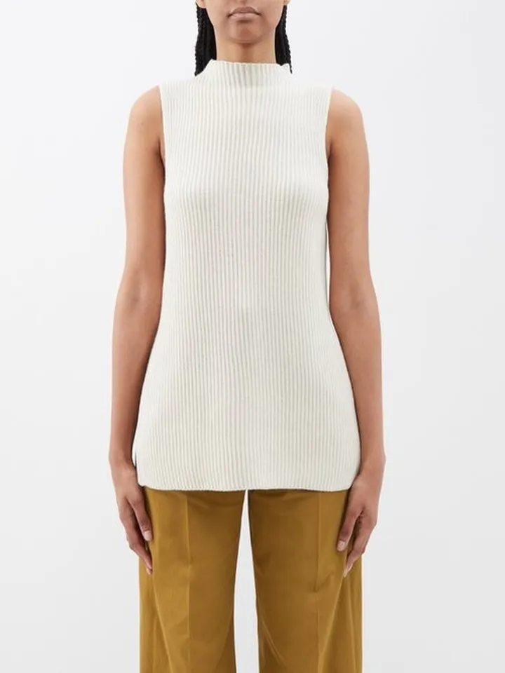 High-neck Ribbed Cashmere Tank Top