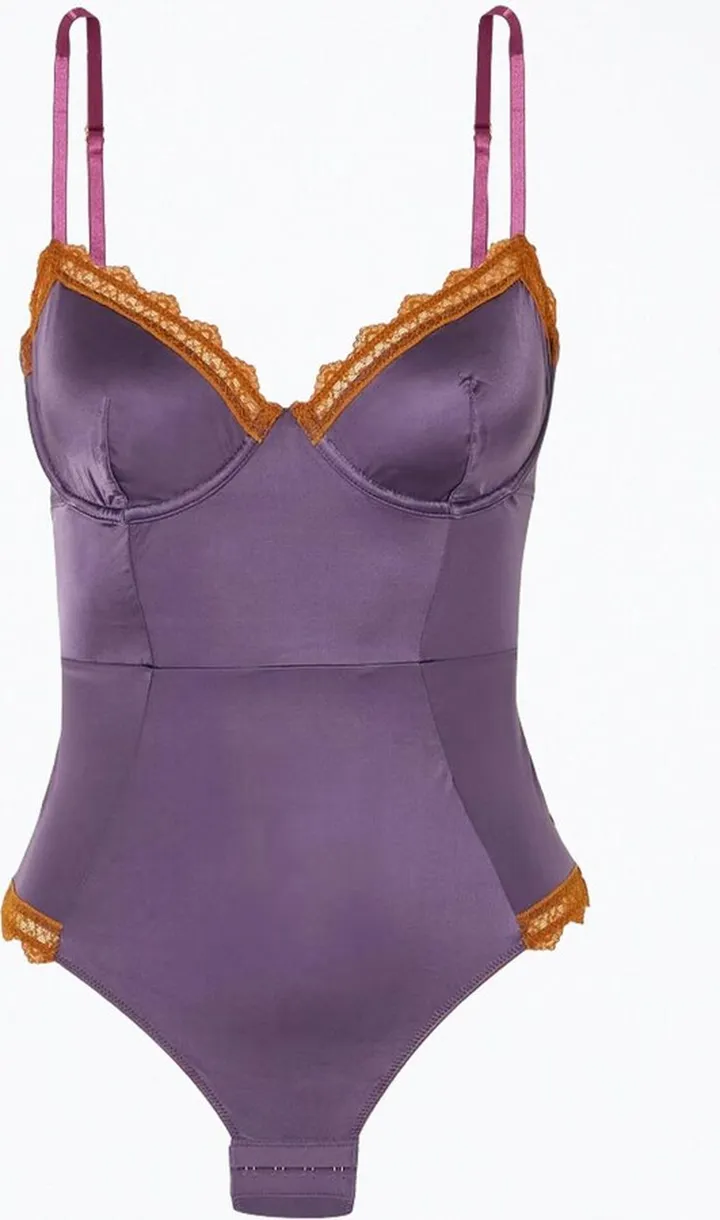 Aralie Lace Trim Underwired Bodysuit In Dark Purple