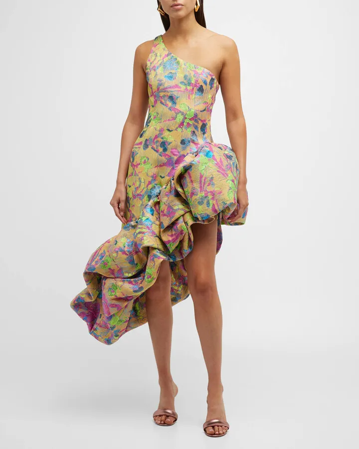 Helena One-Shoulder Ruffle Jacquard Midi Dress