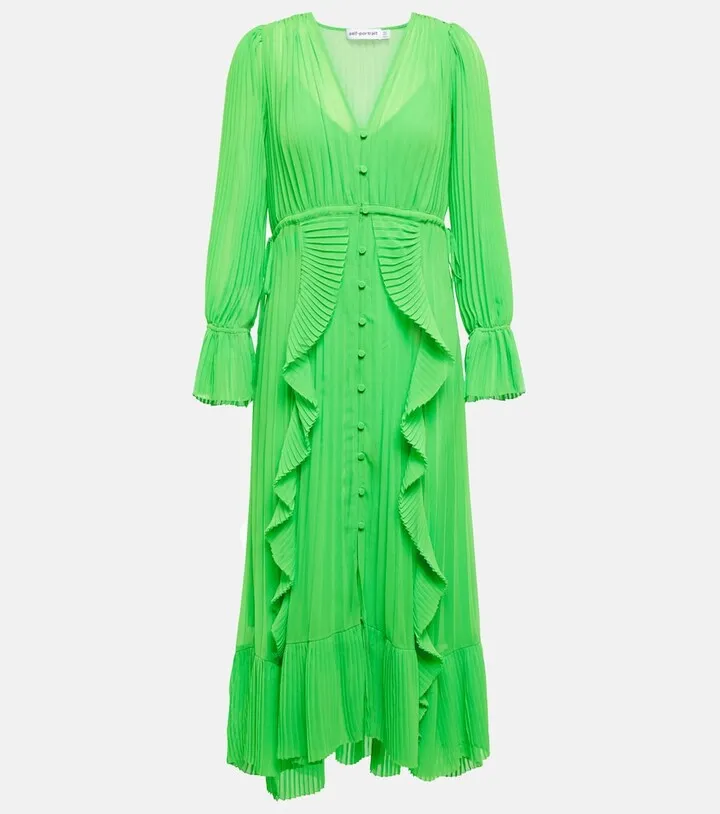 Ruffle-trimmed pleated midi dress