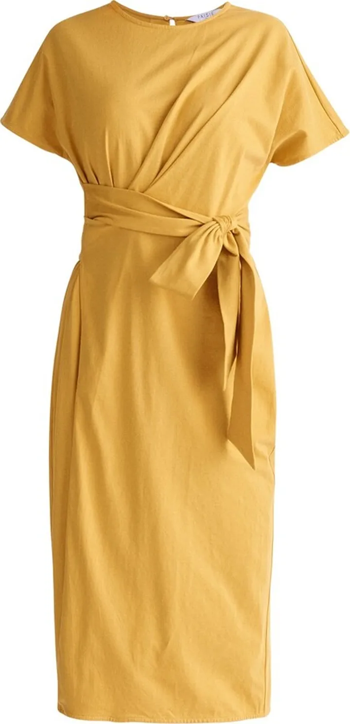 PAISIE - Short Sleeve Waist Tie Jersey Dress - Yellow