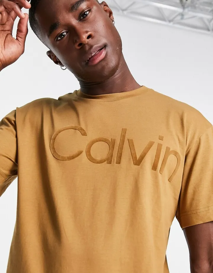 Calvin Klein large flock logo comfort cotton t-shirt in tan