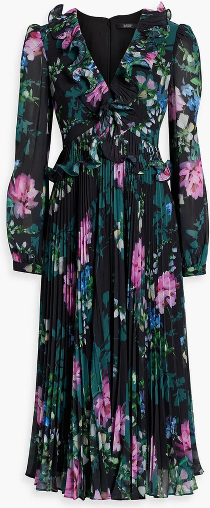 Floral-print plissé-chiffon midi dress