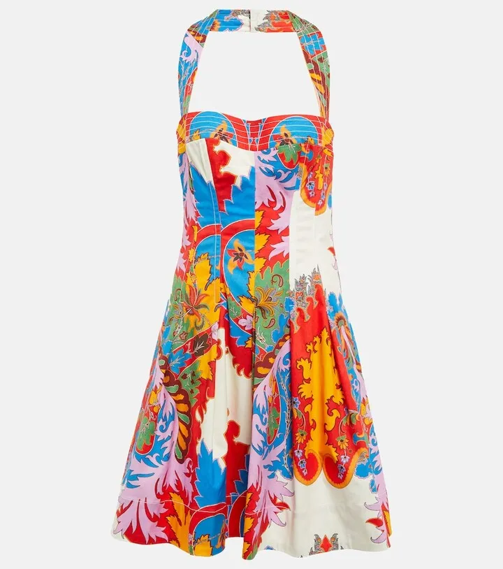 Printed halterneck cotton-blend minidress