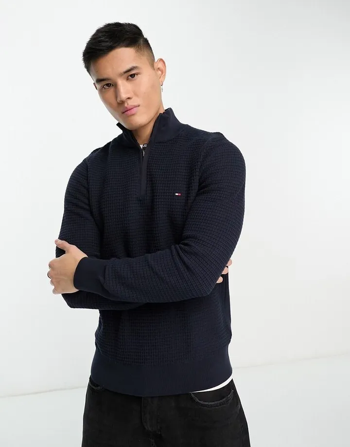 Tommy Hilfiger flag logo half zip sweater in navy