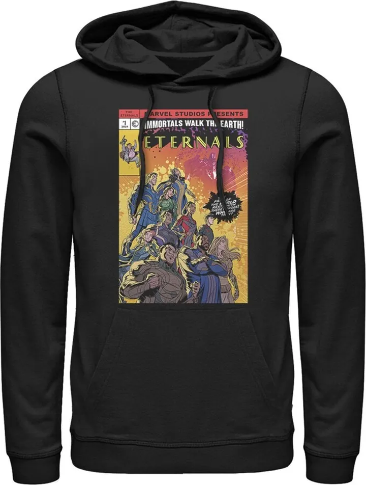Men's Marvel Eternals Heroes Comic Book Cover Pull Over Hoodie - Black - 3X Large