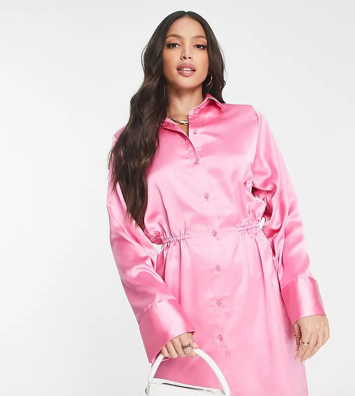 ASOS DESIGN Tall shoulder pad gathered waist mini satin shirt dress in pink