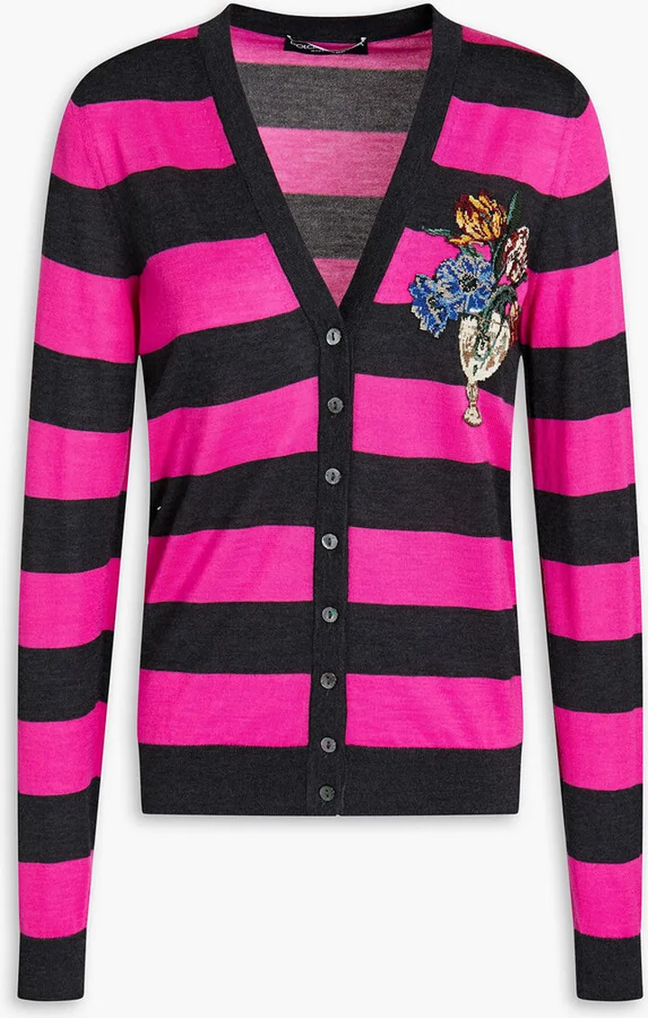Appliquéd striped cashmere cardigan