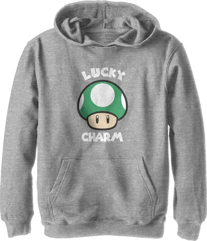 Boy's Nintendo Super Mario St. Patrick's Day Extra Life Mushroom Lucky Charm Pull Over Hoodie - Athletic Heather - Large