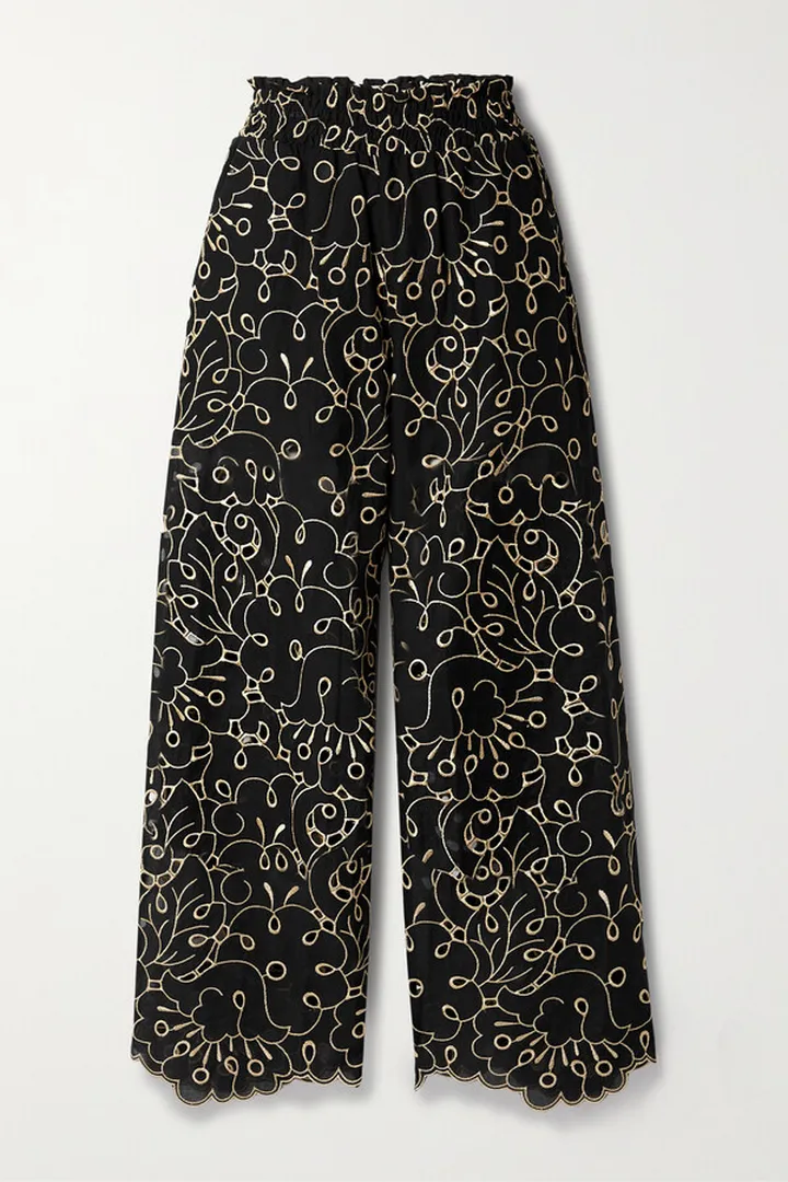 WAIMARI - Rosalia Broderie Anglaise Cotton-blend Voile Straight-leg Pants - Black