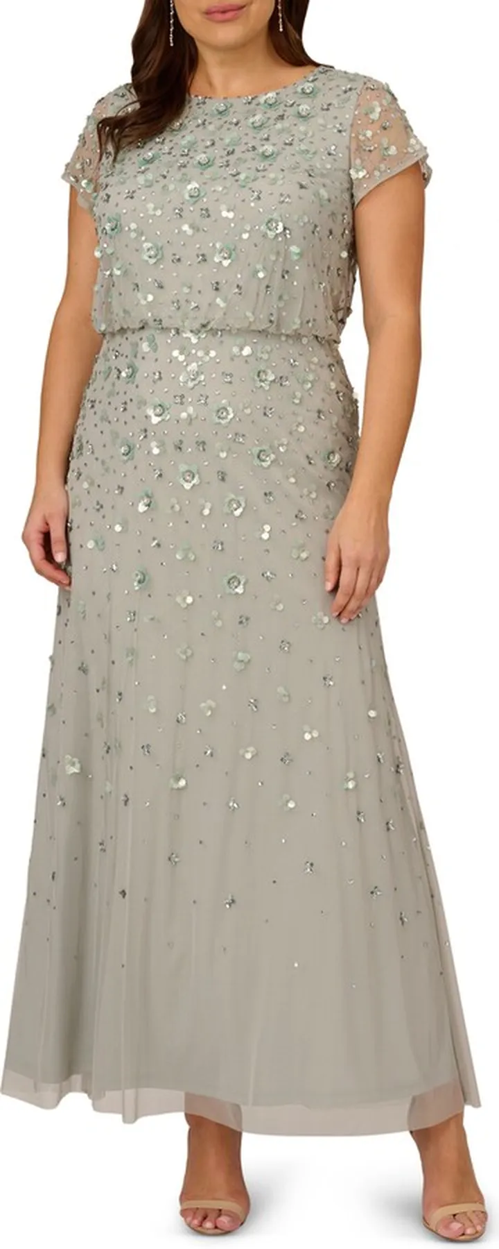 Beaded Floral Short Sleeve Mesh Gown
