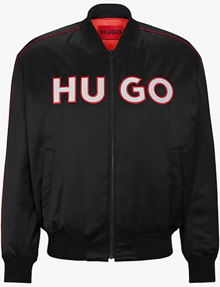 Mens Black Logo-embroidered atin-woven Bomber Jacket