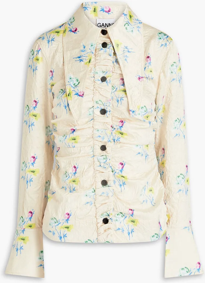 Floral-print ruched crinkled-satin shirt