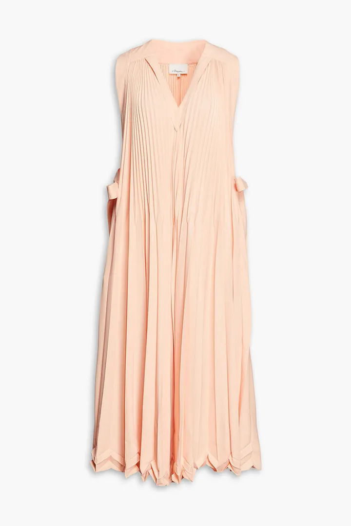 Bow-detailed pleated crepe midi dress