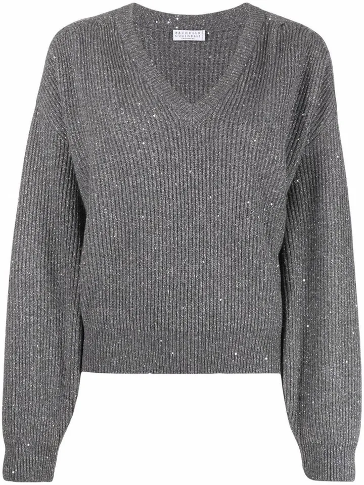 metallic-effect V-neck jumper
