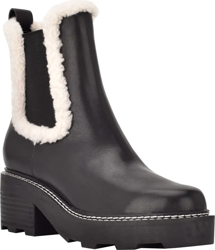 Calvin Klein Women's Anissa Lug Sole Block Heel Cozy Faux Fur Chelsea Winter Booties Women's Shoes