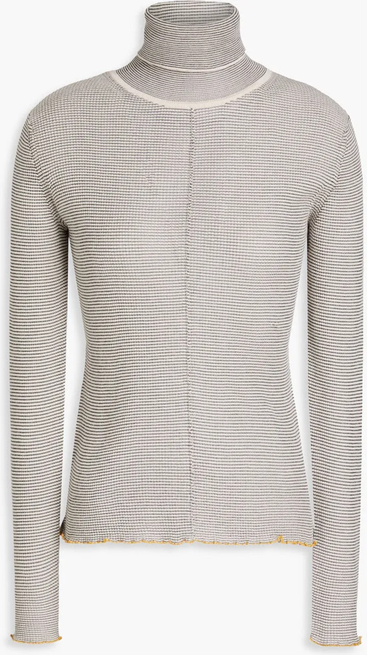 Striped waffle-knit wool-blend turtleneck sweater