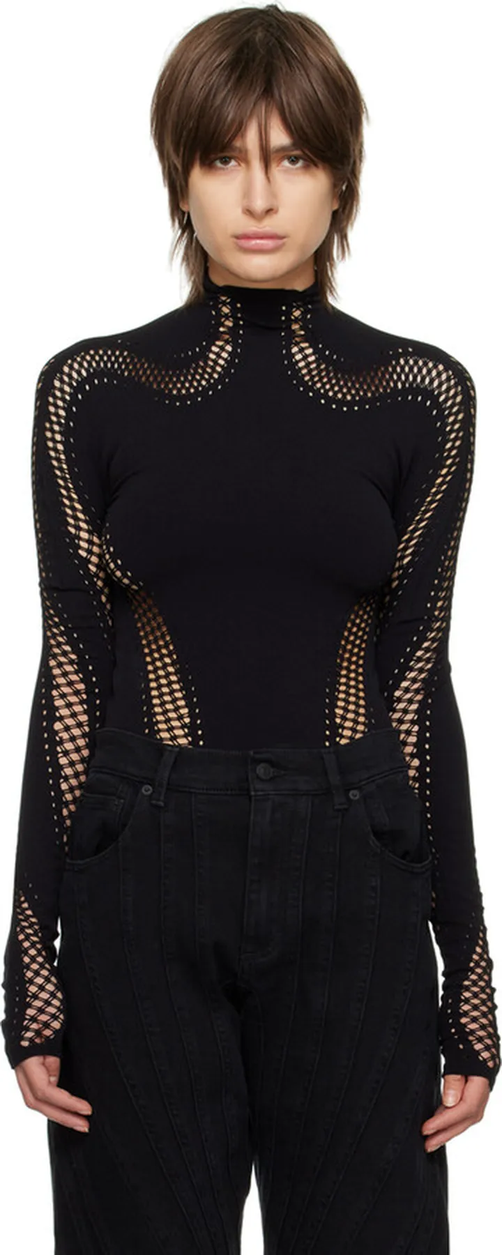 Mugler Black Perforated Turtleneck