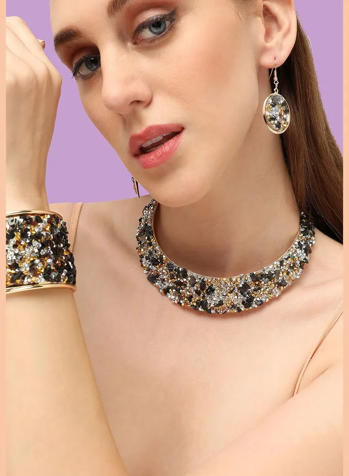 Gold Plated Party Designer Stone Necklace and Earring Set For Women