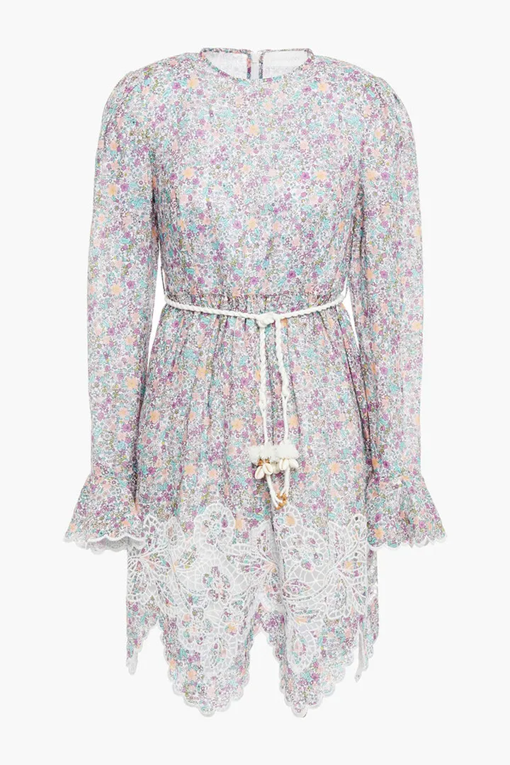 Floral-print broderie anglaise linen mini dress