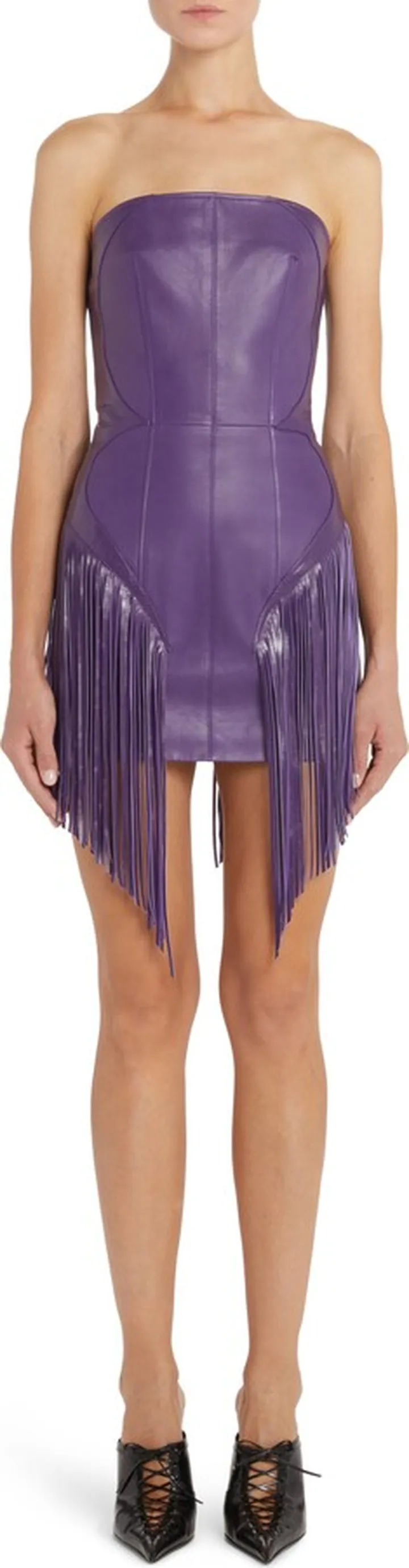Fringe Detail Strapless Leather Dress