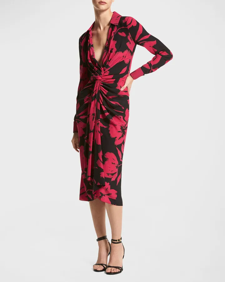 Brushstroke Floral-Print Gathered Midi Shirtdress