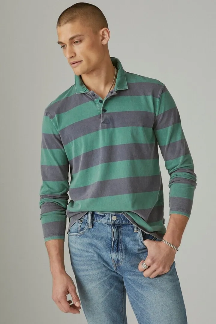 Sueded Jersey Long Sleeve Rugby Stripe Polo