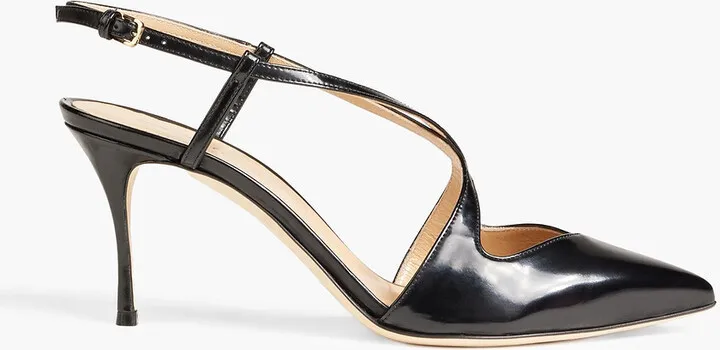 Cutout glossed-leather slingback pumps