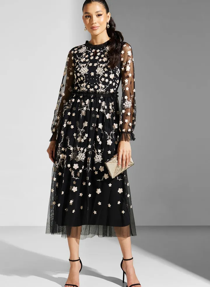 Floral Mesh Detail Dress