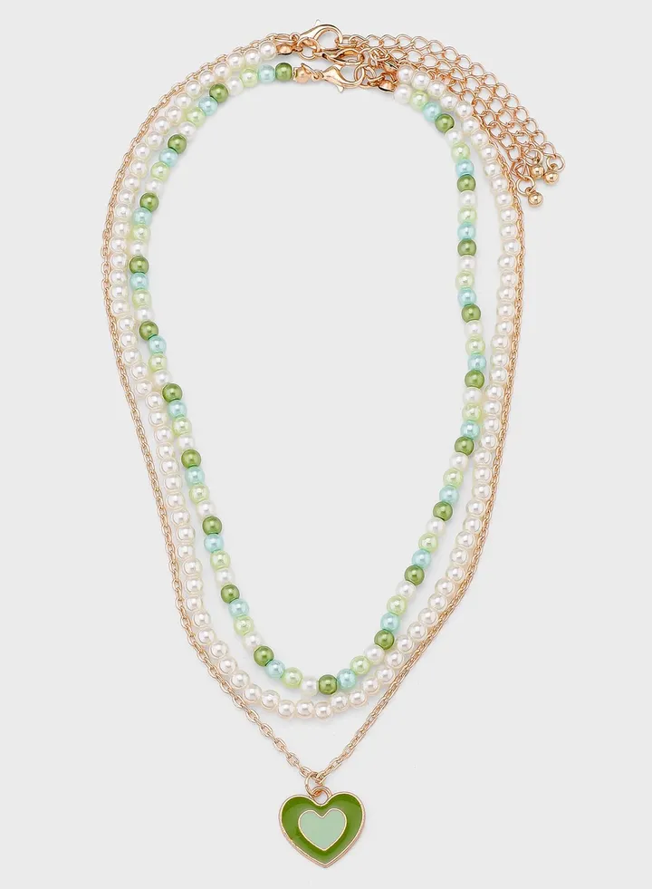 Layered Beaded Layered Heart Pendant Necklace