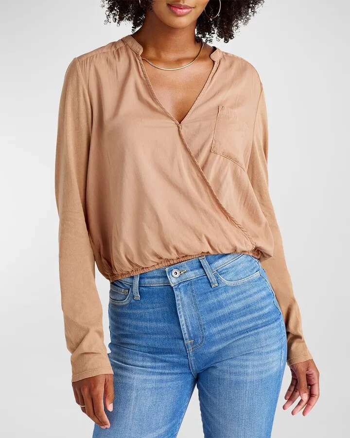 Paige Long-Sleeve Cinched Surplice Top
